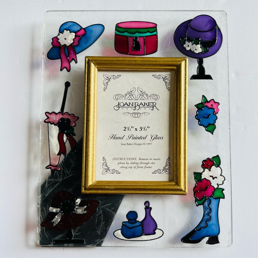Joan Baker Hand Painted Glass Picture Frame Hats Flowers Stained Glass 1997